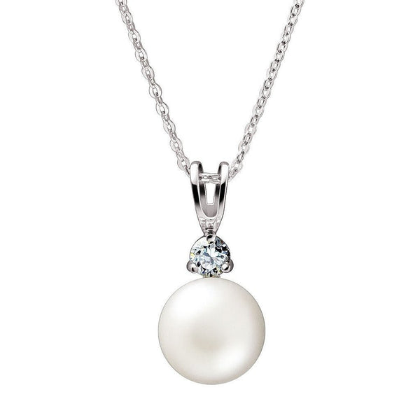 White Pearl, Cubic Zirconia and Silver Pendant Necklace and